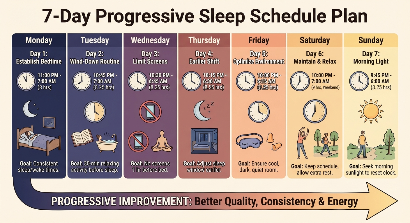 Visual calendar showing the 7-day sleep schedule plan with progressive improvements each day