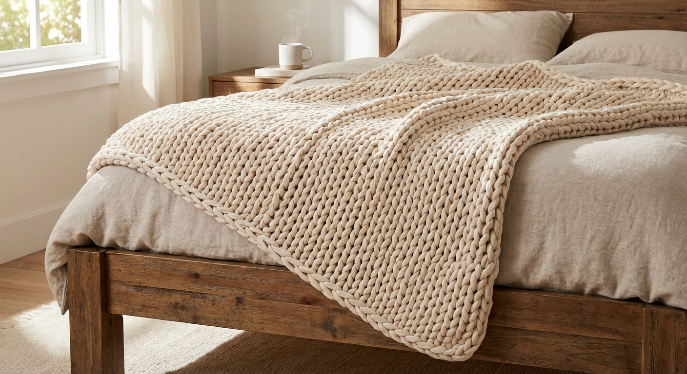 Baloo Living weighted blanket in white with removable cotton duvet cover on modern bed, showing quilted pocket construction