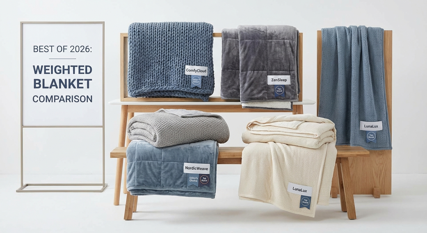 Cozy bedroom scene with a weighted blanket draped over a neatly made bed, soft warm lighting, nightstand with reading lamp