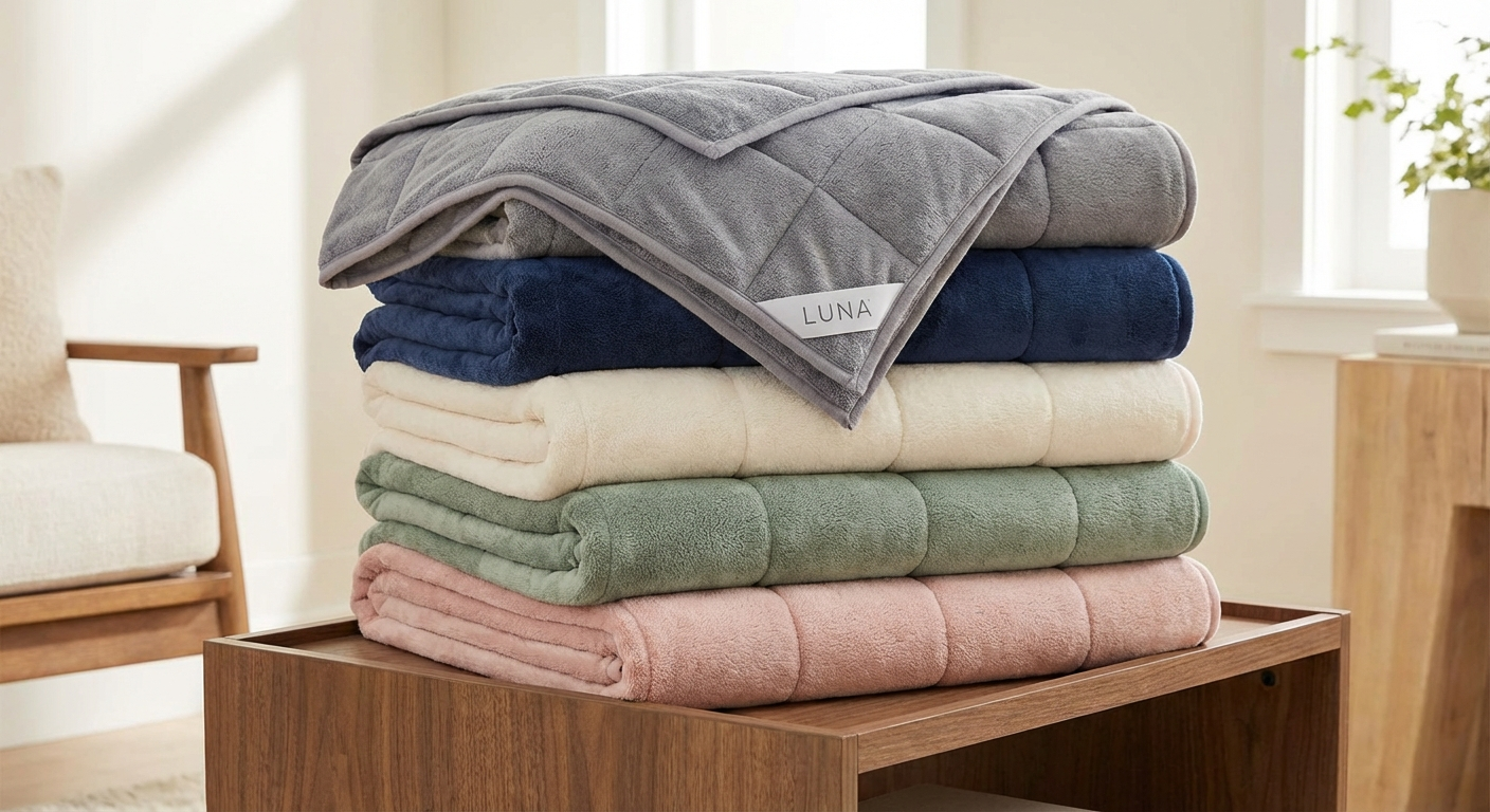 YnM weighted blanket showing multiple color and fabric options with glass bead fill visible through open pocket