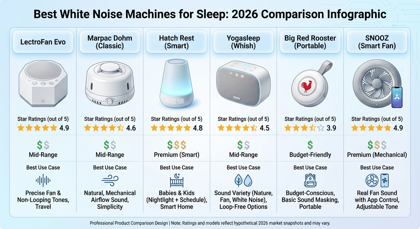 Best white noise machines for sleep 2026 comparison infographic — top six picks with star ratings and use cases