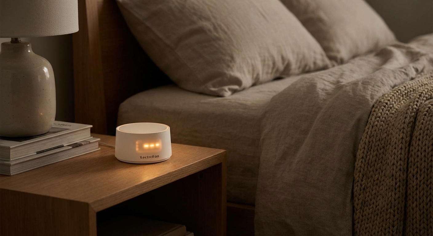 Modern nightstand with compact white noise machine glowing softly next to bed in dark cozy bedroom
