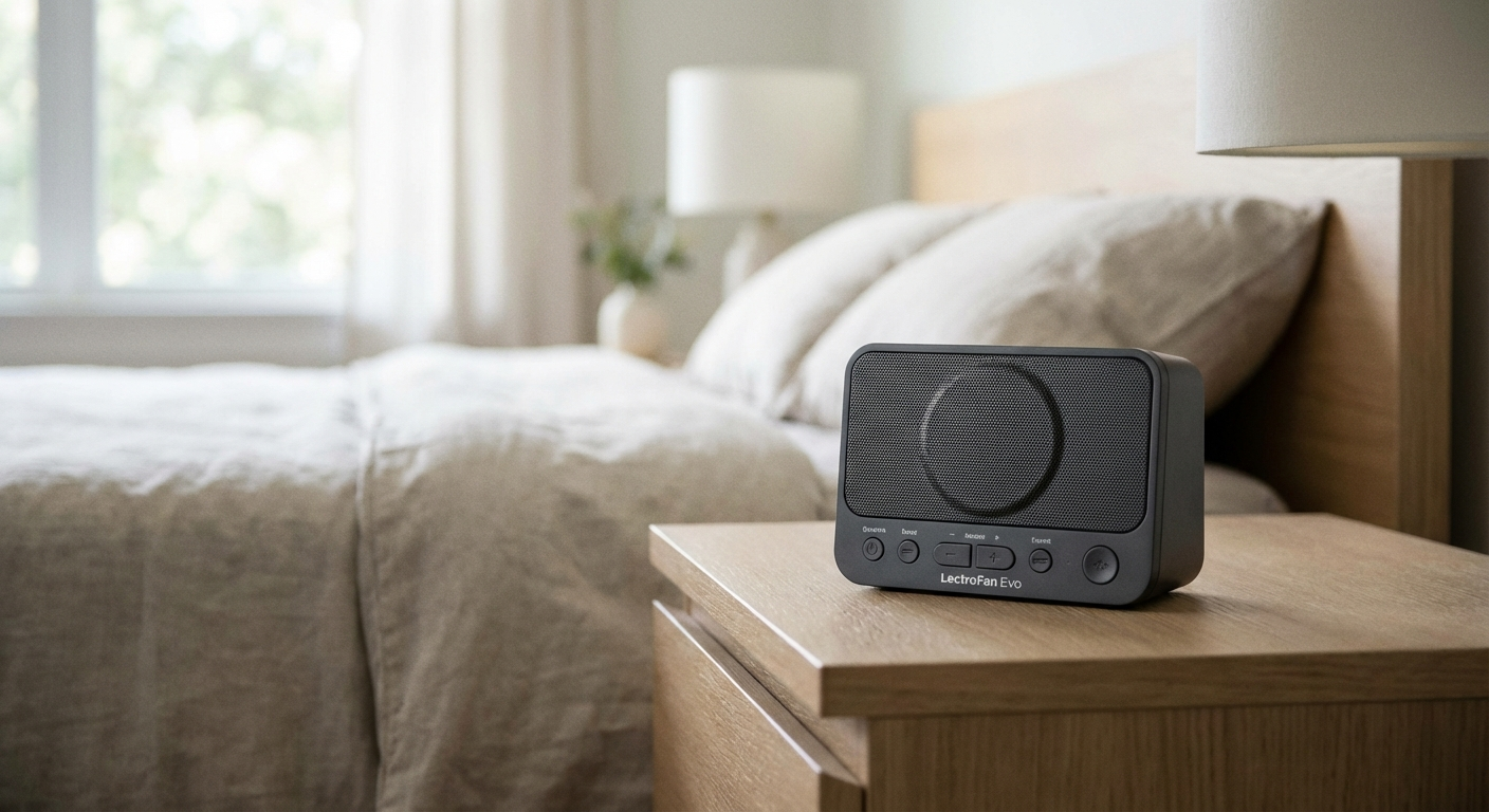 LectroFan Evo white noise machine charcoal color on modern nightstand with soft bedroom background blur