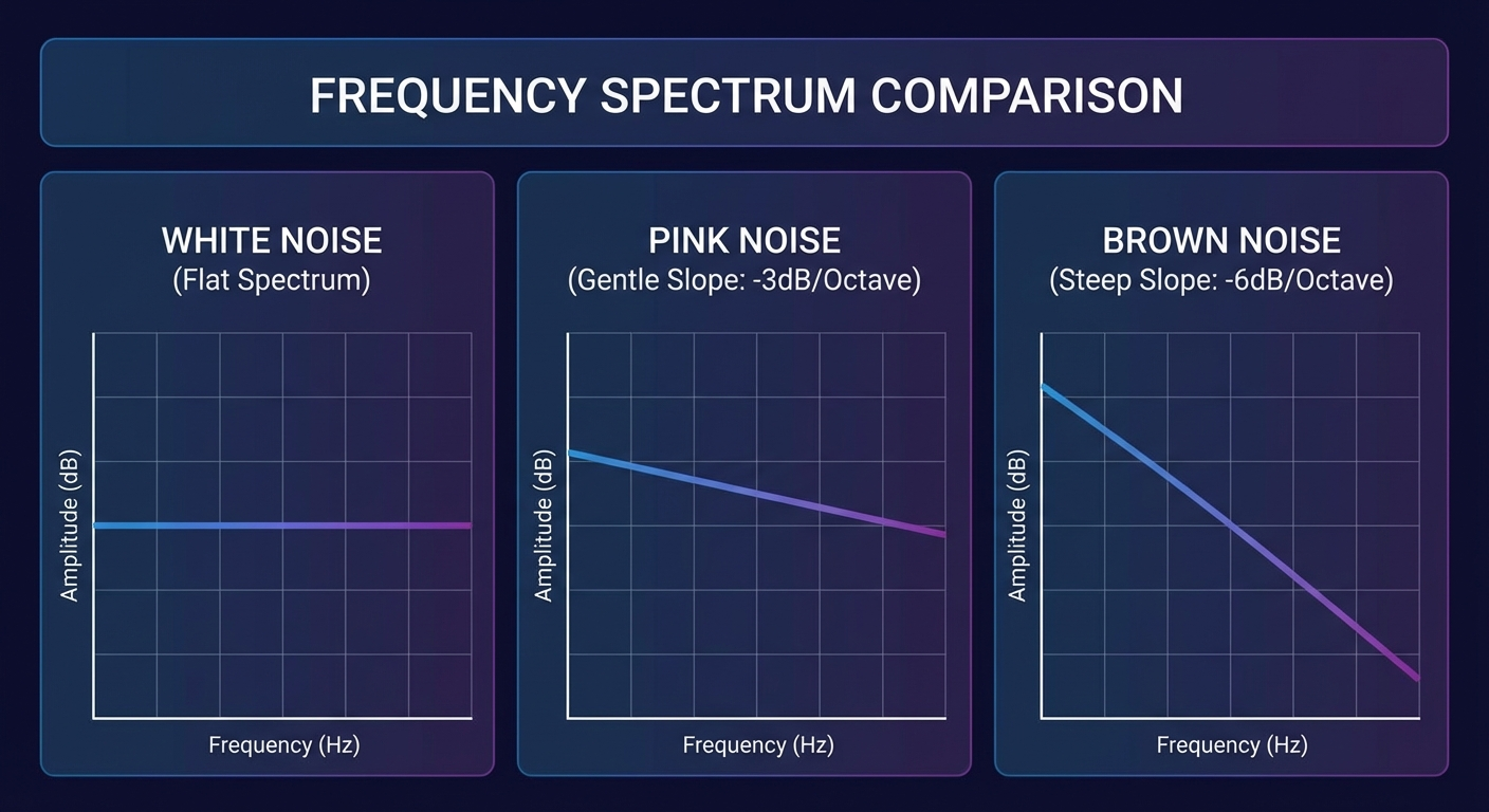 Scientific infographic showing three sound frequency spectrum graphs — white noise flat, pink noise gentle slope, brown noise steep slope