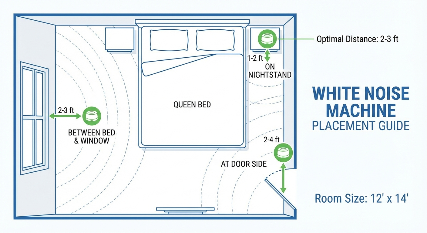 Top-down bedroom layout diagram showing optimal white noise machine placement — between bed and window, on nightstand, at door side with measurement annotations