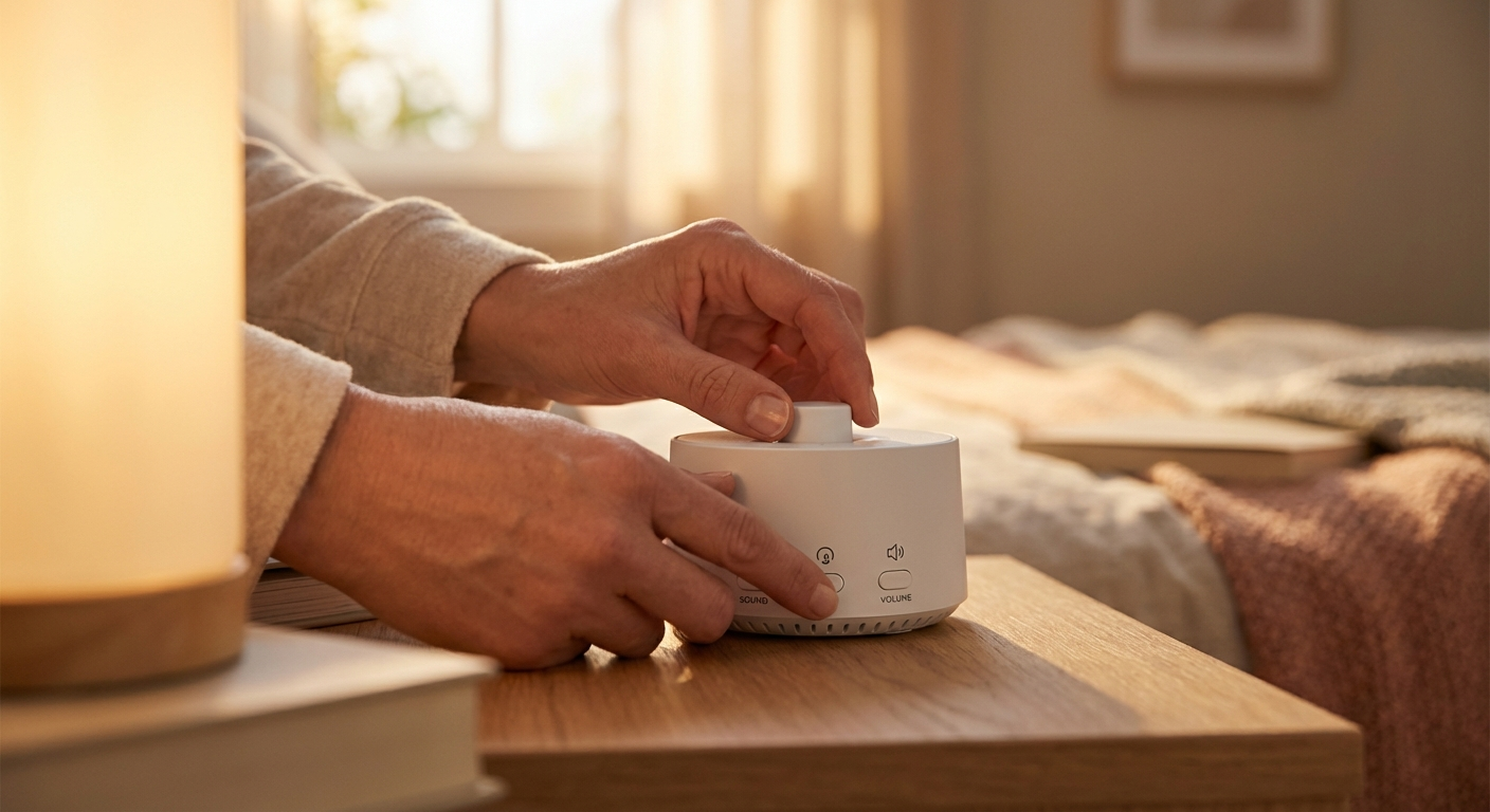 Close-up of hands adjusting volume and sound settings on sleek white noise machine, shallow depth of field