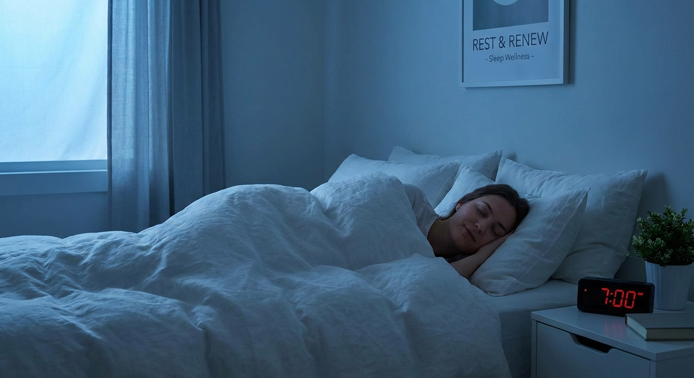 Person sleeping peacefully in white sheets with soft morning light, healthy sleep schedule concept