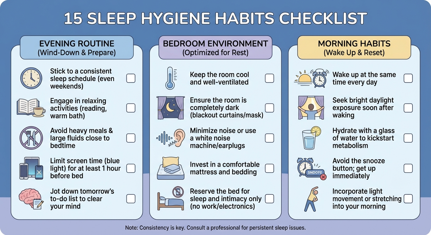 15 sleep hygiene habits organized as a checklist infographic with evening routine, bedroom environment, and morning habits sections