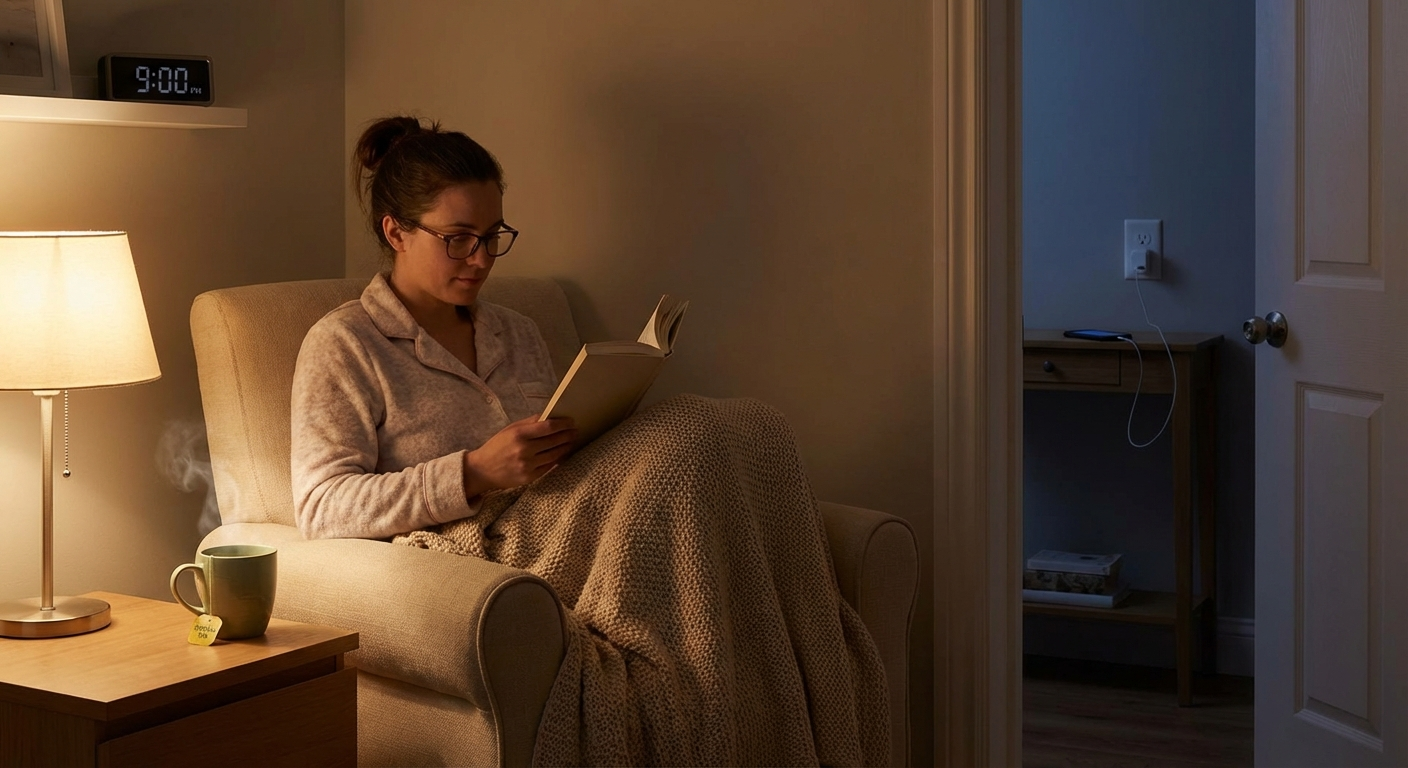 Person reading a book with herbal tea in dim lighting as part of a pre-sleep wind-down routine