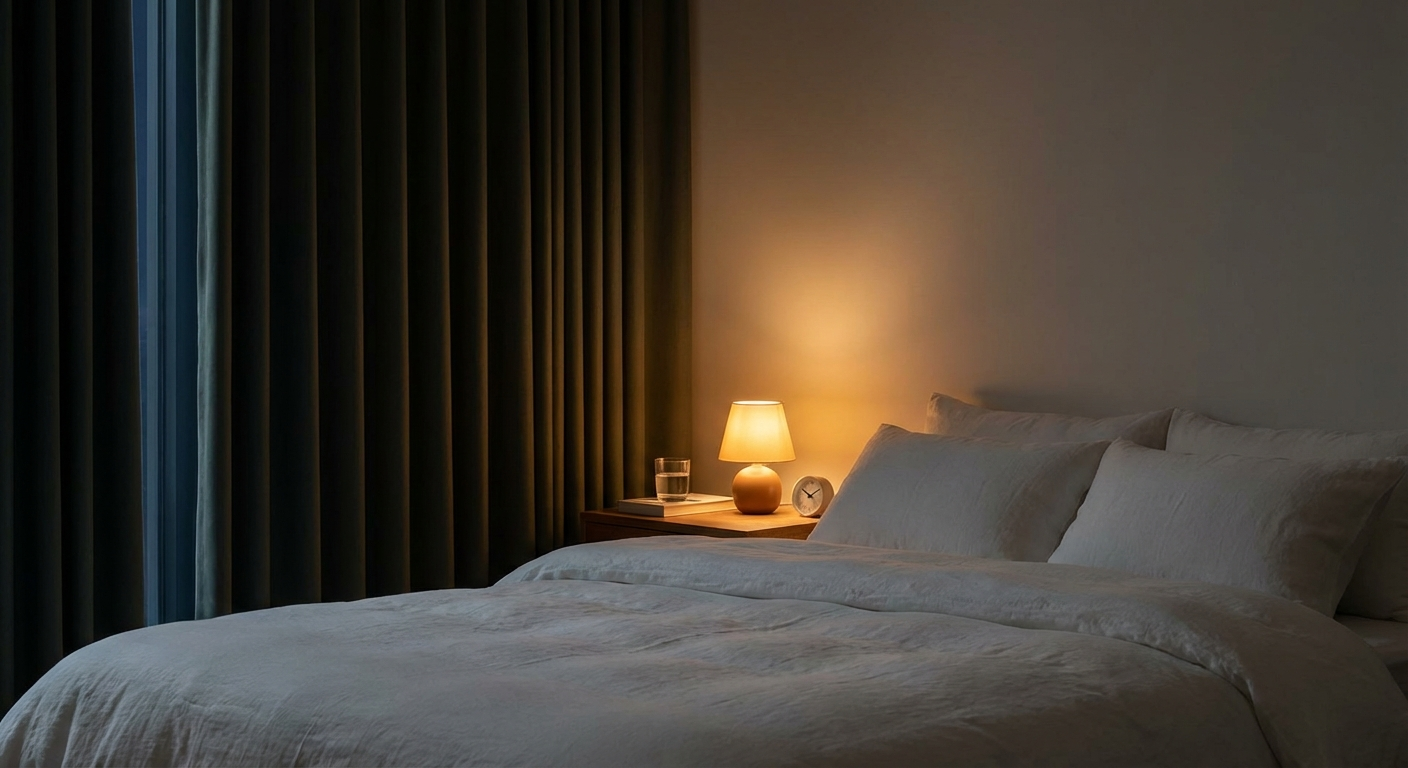 Peaceful bedroom with blackout curtains and warm lighting — the ideal sleep hygiene environment