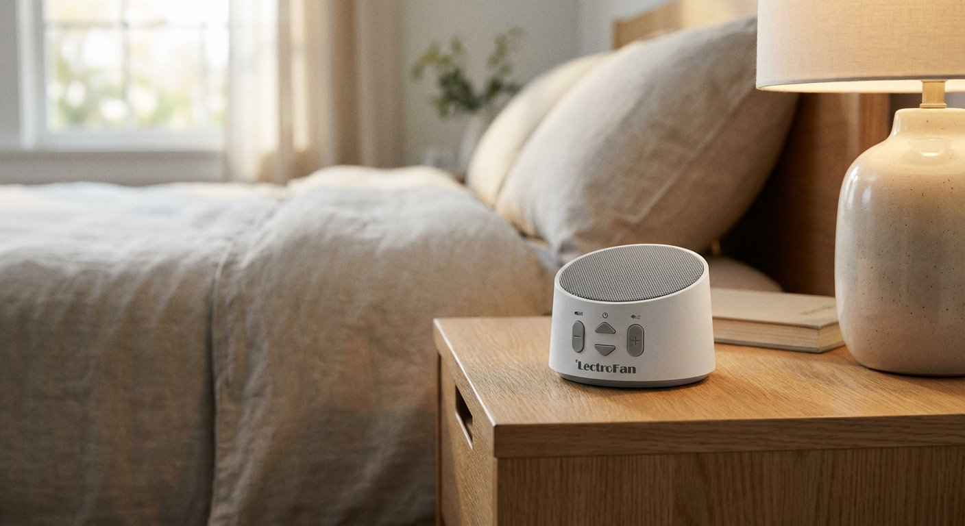 LectroFan Evo white noise machine on bedside table