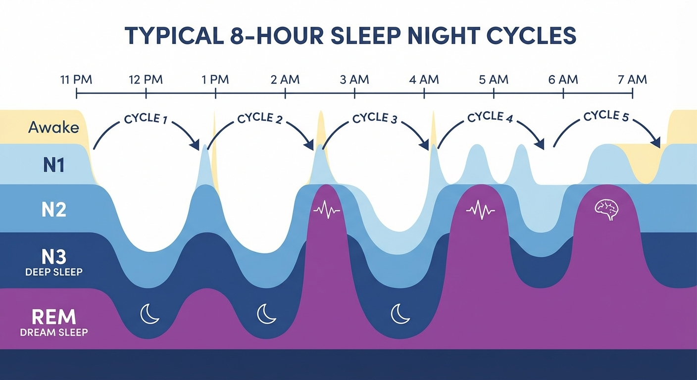 Sleep stages infographic showing REM and non-REM cycles through a complete night