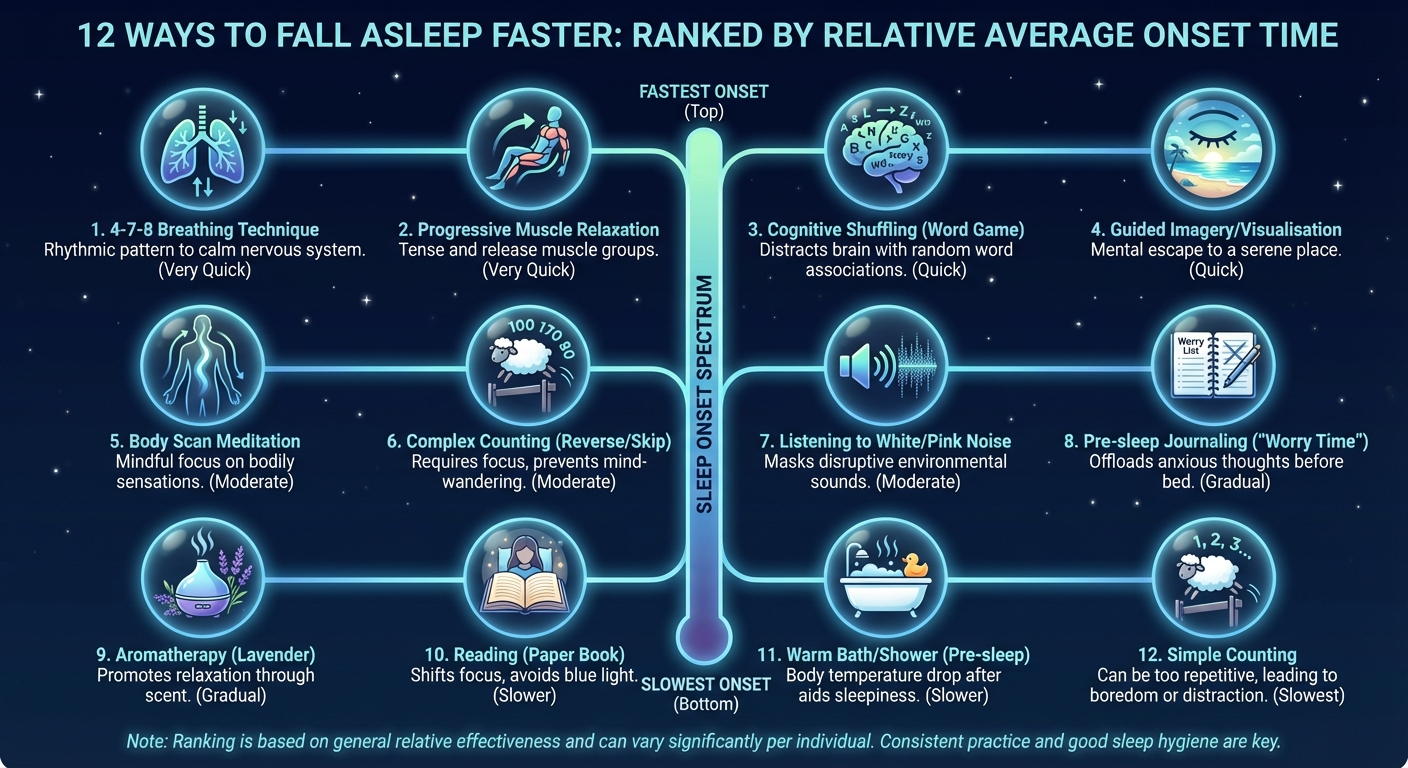 12 sleep onset techniques ranked by average time to sleep in clinical trials