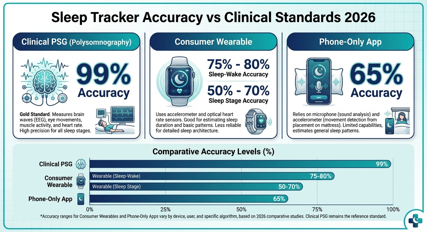 Infographic comparing clinical polysomnography sensors versus consumer sleep tracker sensors side by side