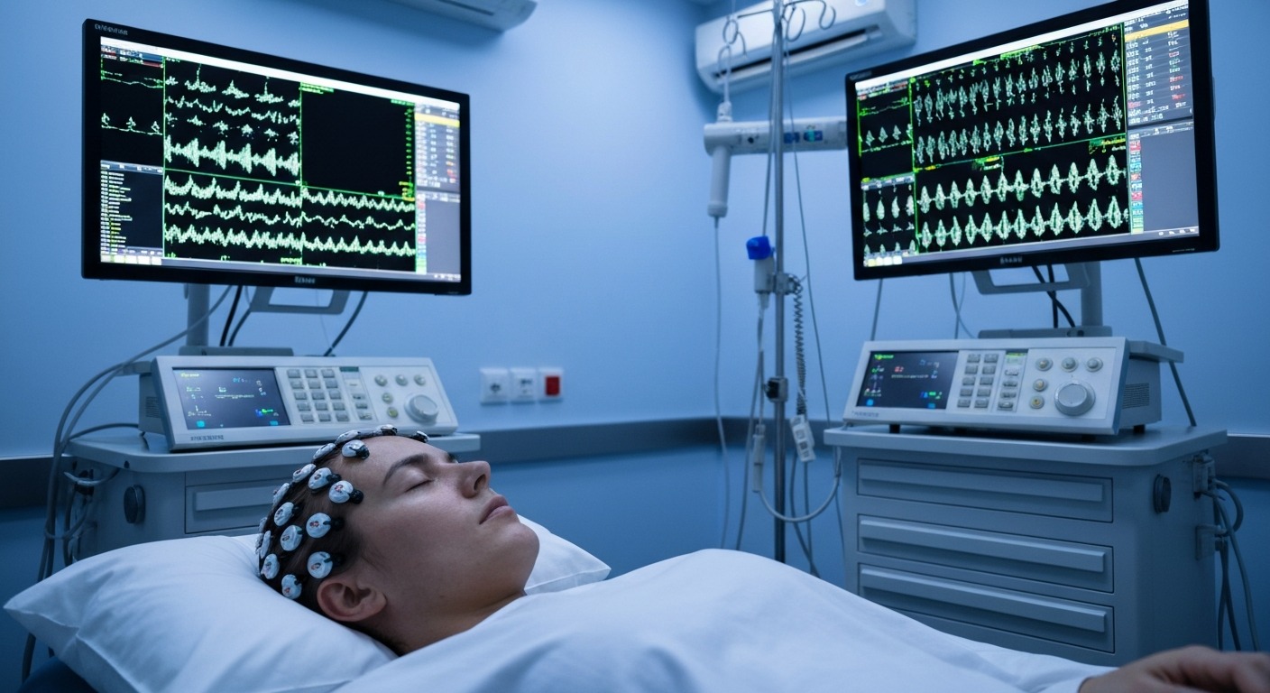 Clinical polysomnography lab setup with EEG electrodes compared to a simple consumer wearable device