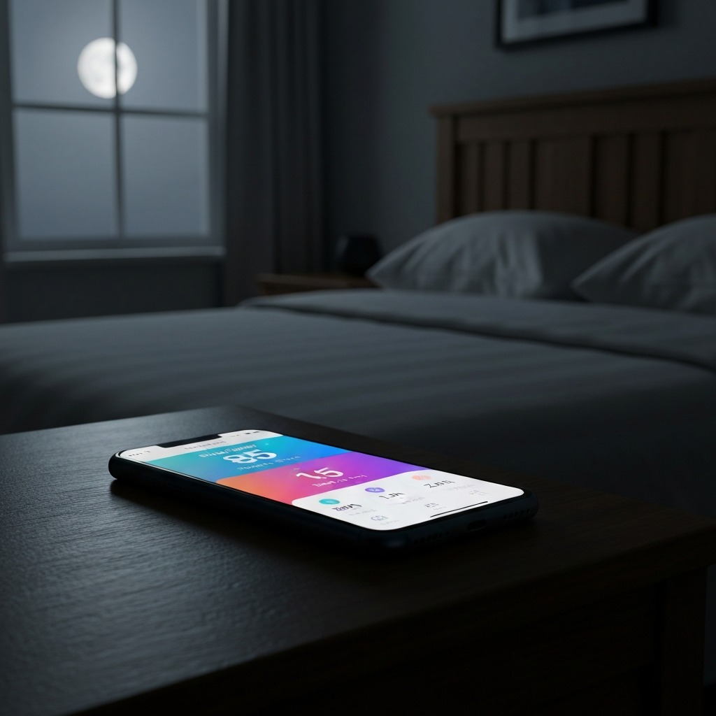 Person sleeping with smartwatch displaying sleep tracking data in a cozy bedroom