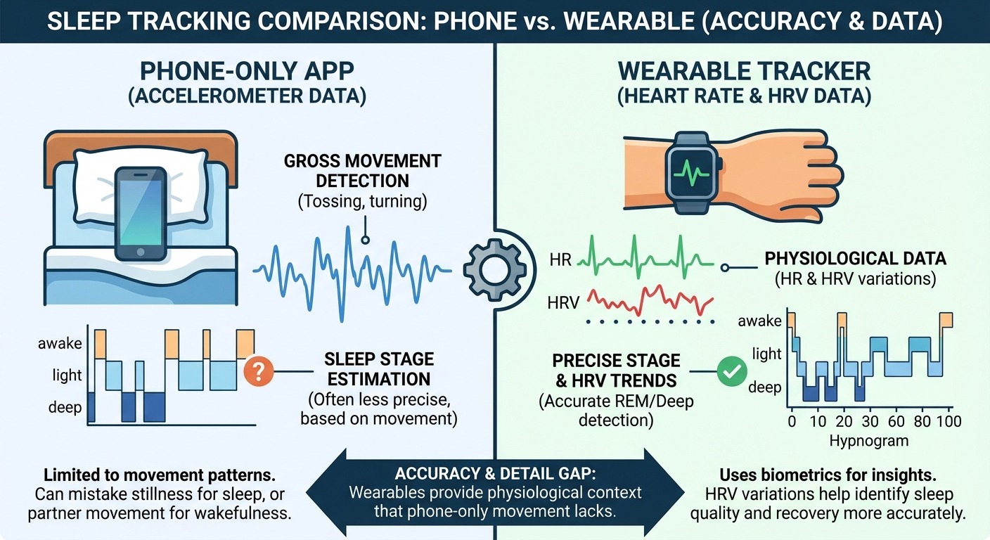 Infographic comparing phone-only accelerometer tracking versus wearable heart rate and HRV tracking capabilities