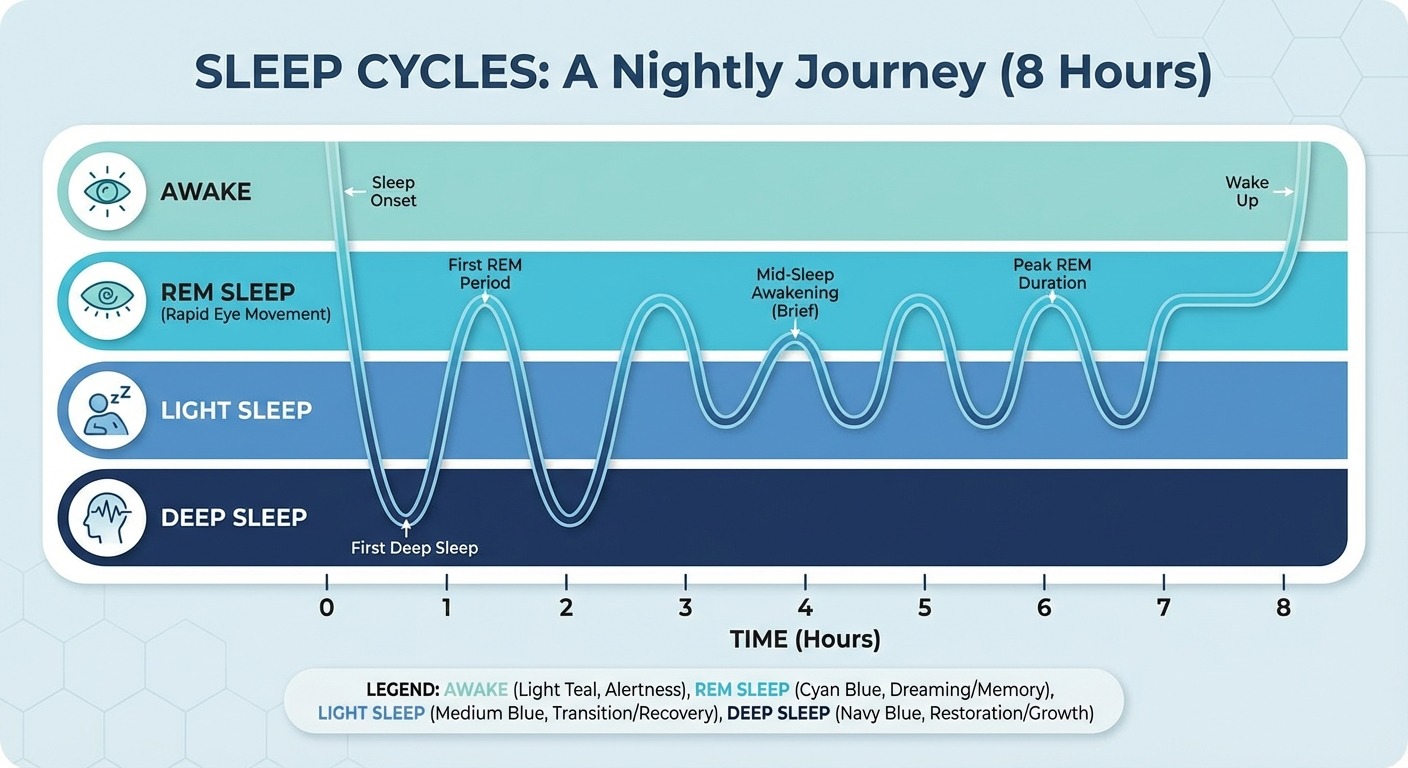 Infographic showing sleep stages cycling through awake, REM, light, and deep sleep over an 8-hour night