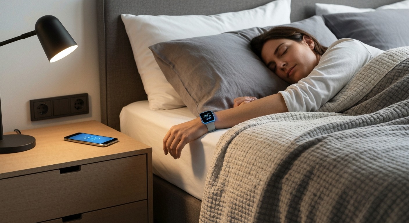 Person sleeping in a cozy bedroom with a smartwatch displaying sleep tracking data on their wrist