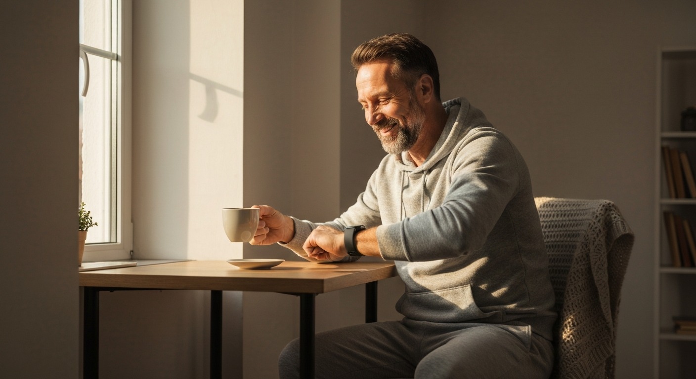 Person reviewing weekly sleep trend data on smartwatch during morning routine with coffee