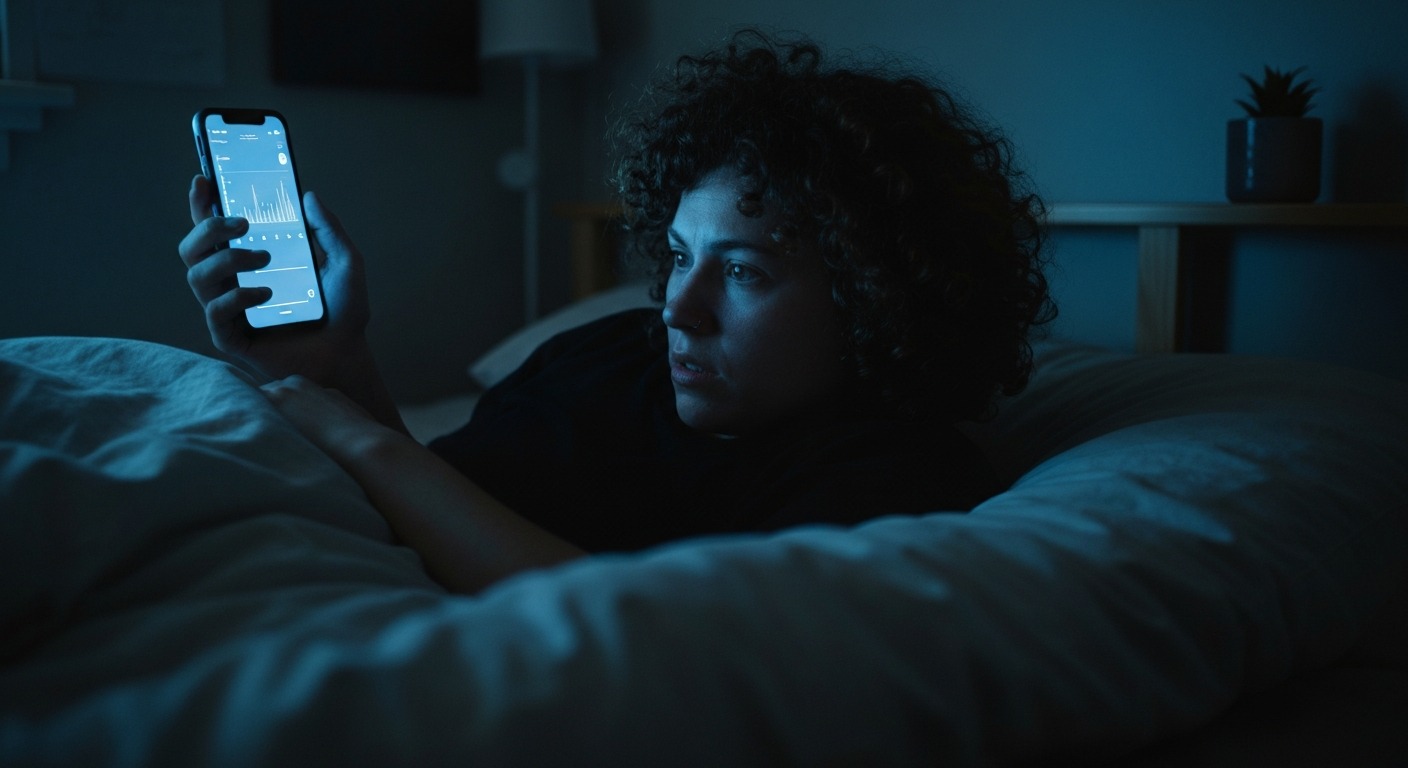 Person in bed anxiously checking sleep tracker data on their phone in the dark
