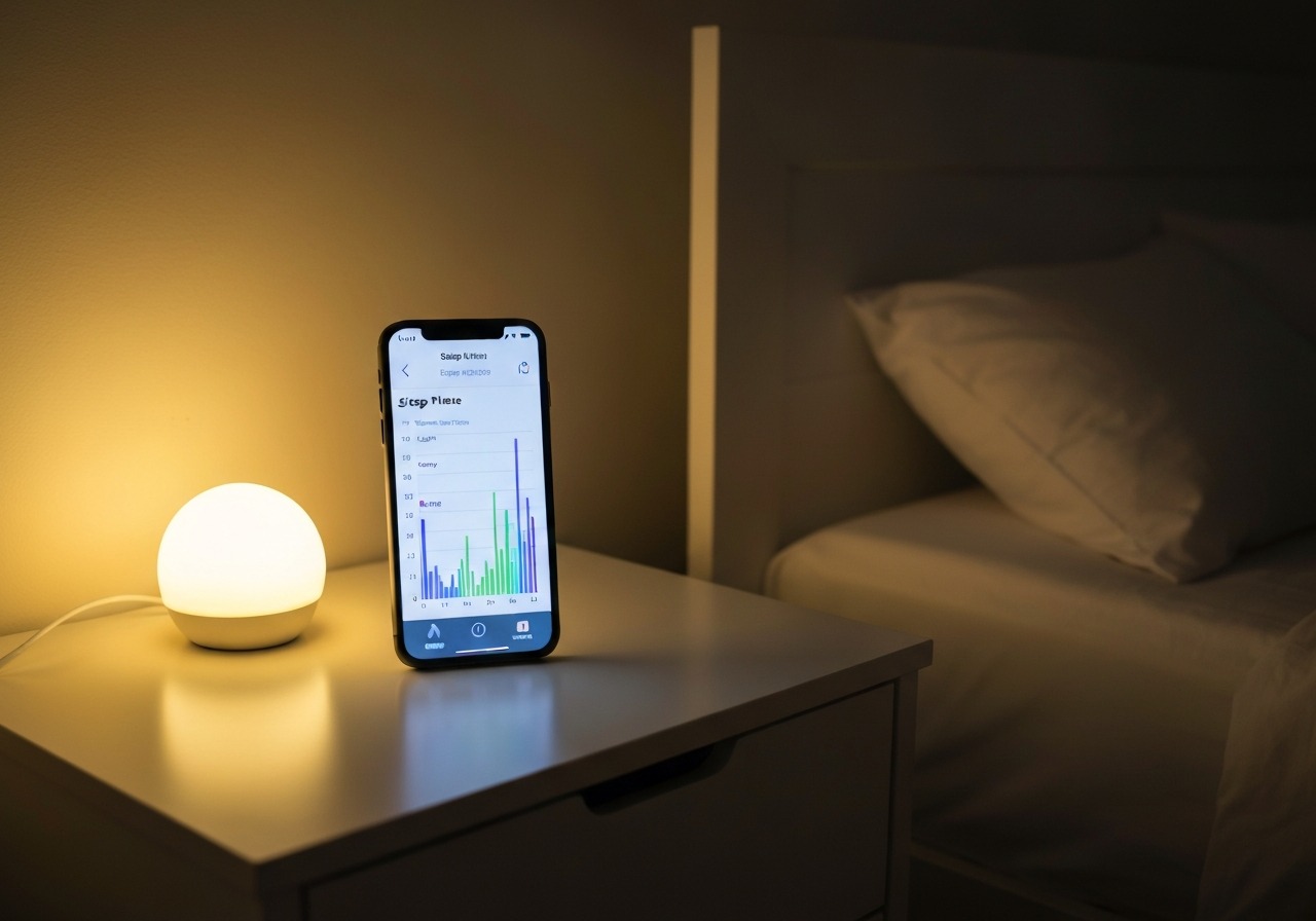 Smartphone sleep tracking app on a nightstand next to a bed showing sleep phase graph