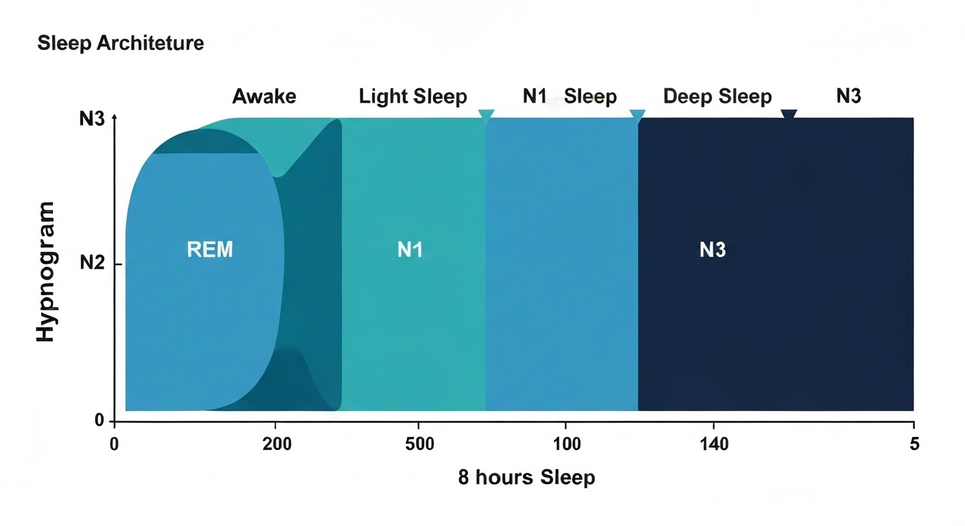 Diagram showing typical sleep architecture cycling through awake, REM, light, and deep sleep stages over 8 hours