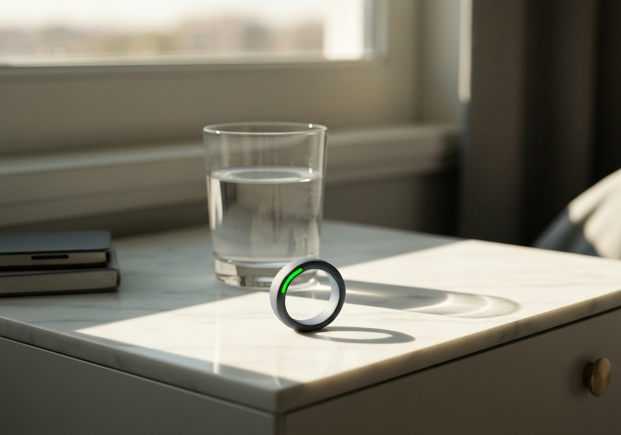 Oura Ring Gen 4 smart ring with green LED sleep tracking sensor on a nightstand
