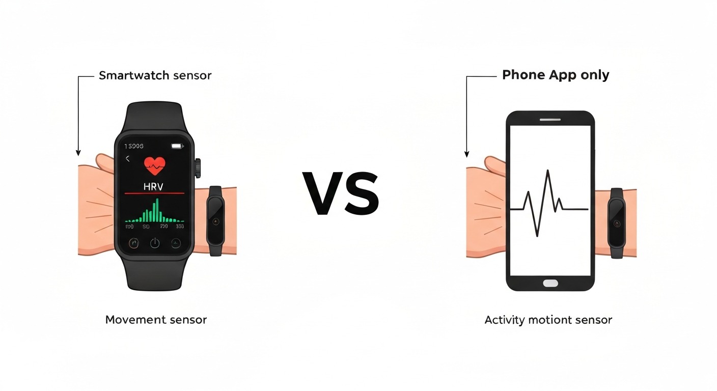 Side-by-side comparison infographic of wearable versus phone-only sleep tracking sensor capabilities