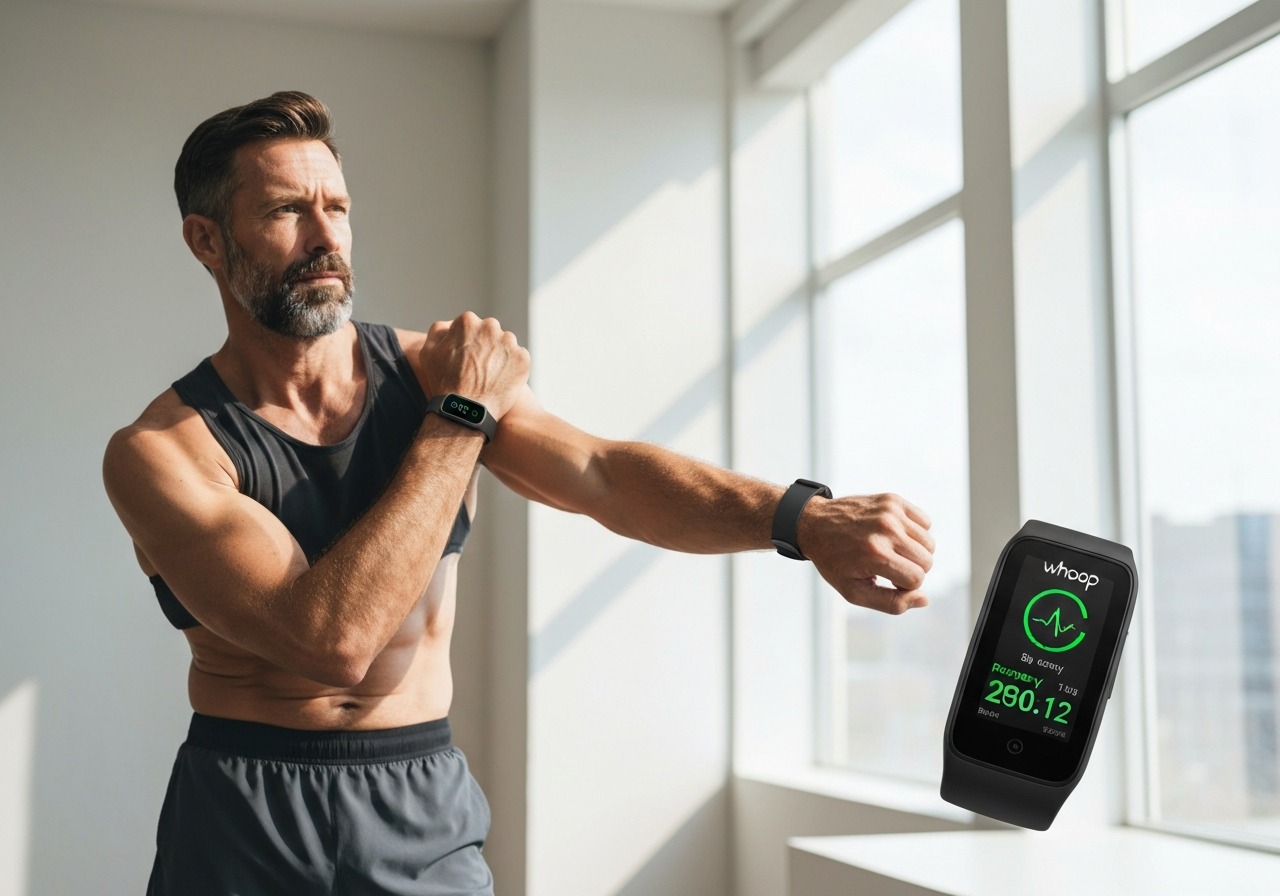 Whoop 4.0 fitness band on a wrist showing recovery score and sleep data