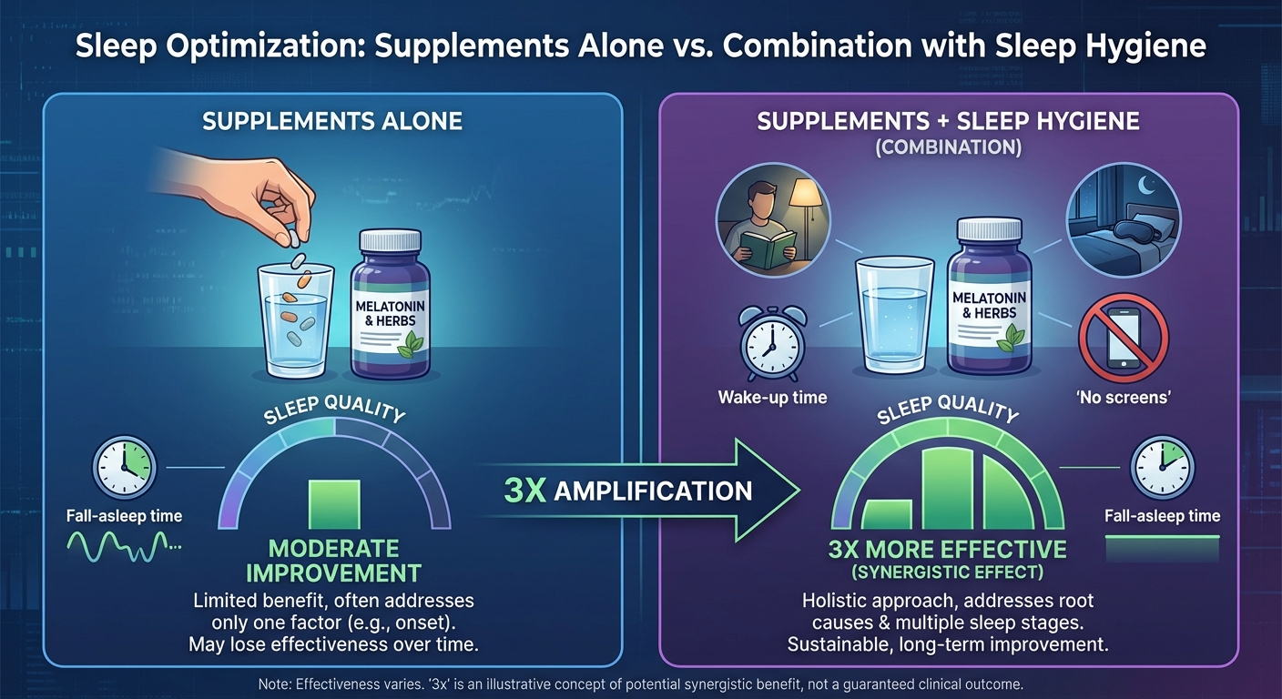 Supplements alone vs supplements with good sleep hygiene — the combination is 3x more effective