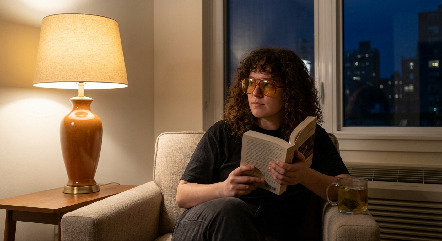 Person wearing amber-tinted blue light blocking glasses while reading in the evening