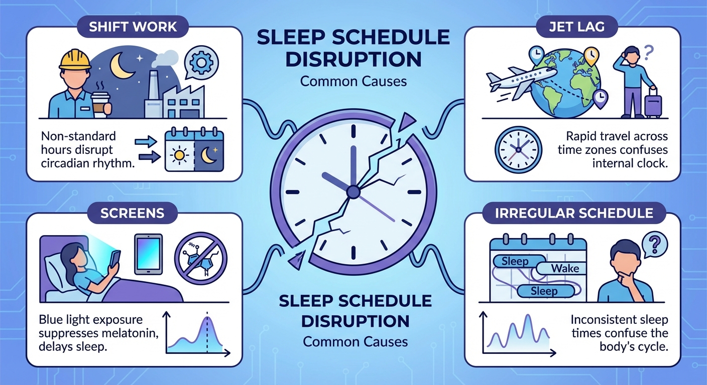 Infographic showing common causes of sleep schedule disruption: shift work, jet lag, screens, irregular schedule