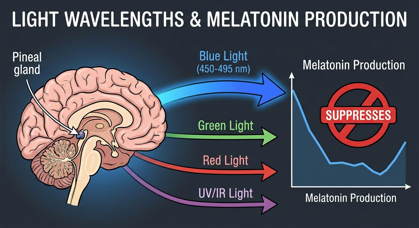 Diagram showing how different wavelengths of light affect melatonin production, with blue light highlighted