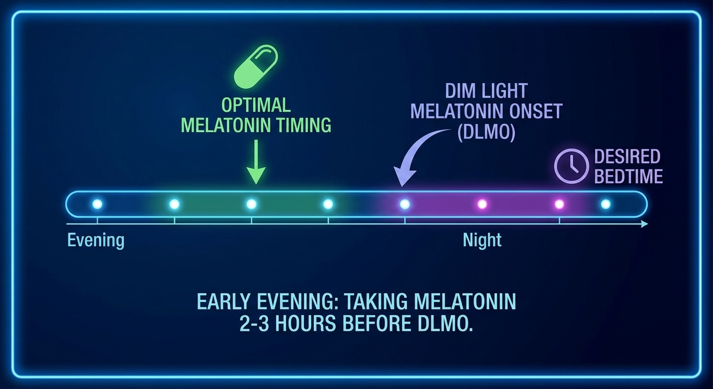 Diagram showing optimal melatonin timing relative to dim light melatonin onset and desired bedtime
