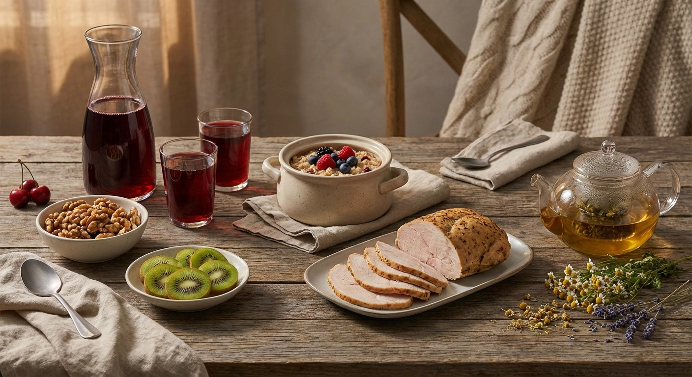 Spread of sleep-supporting foods: tart cherry juice, walnuts, kiwi, oats, turkey, herbal tea