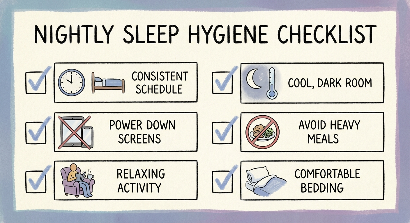 Illustrated checklist of sleep hygiene habits for a consistent nightly routine