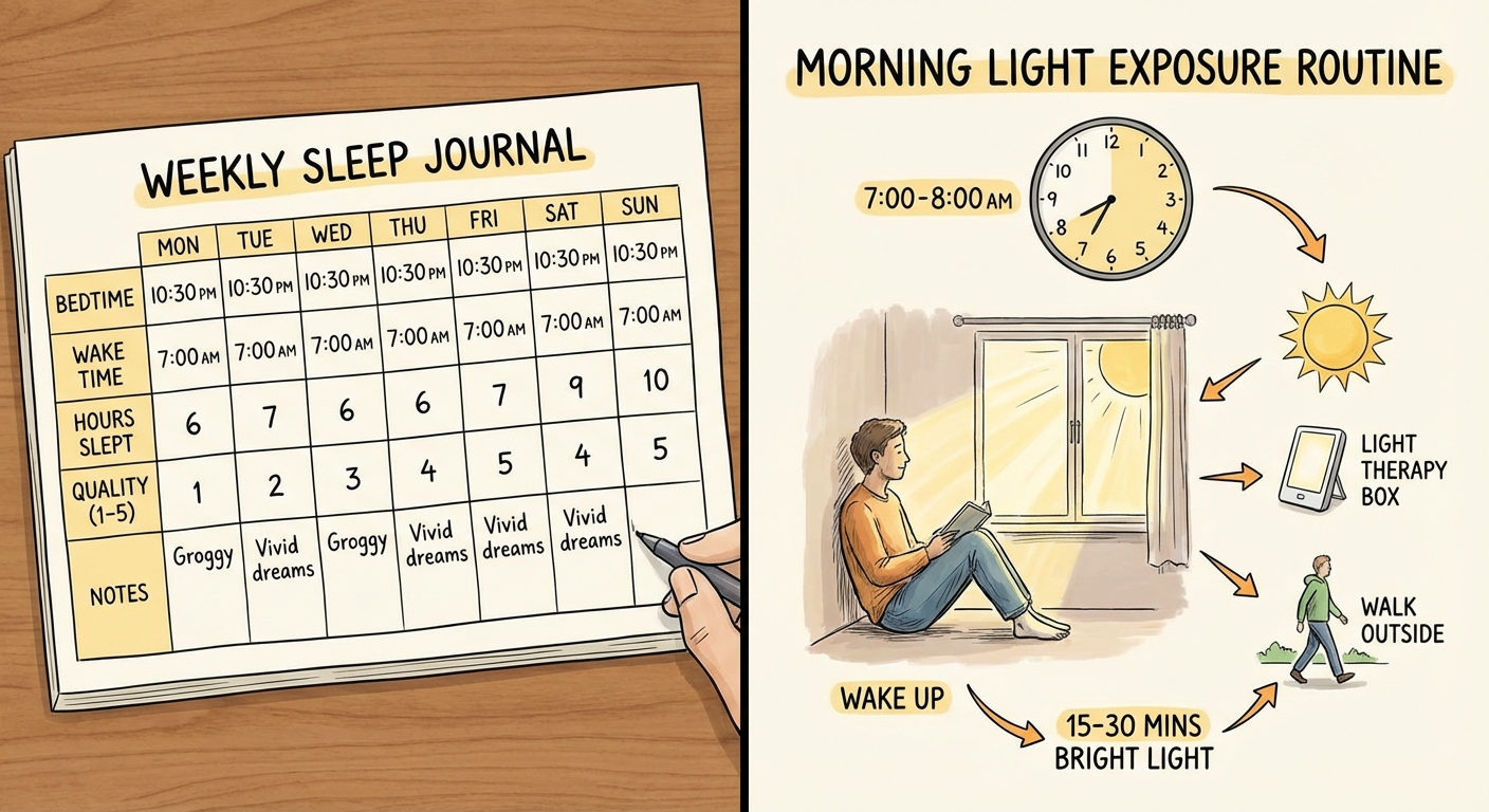 Visual showing a weekly sleep journal and morning light exposure routine