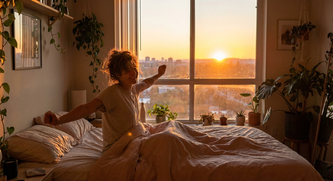 Person waking up refreshed at sunrise, natural light streaming through window