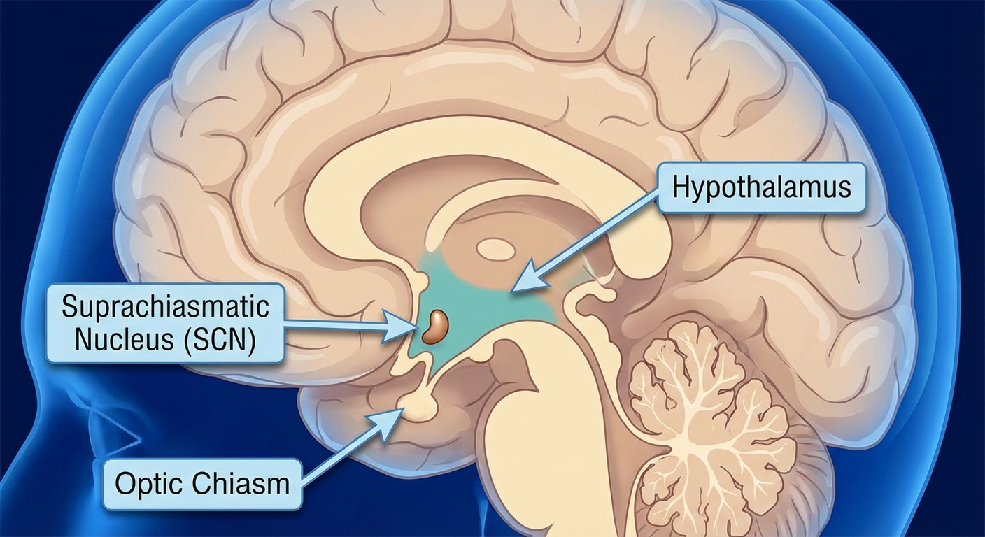 Brain diagram showing the location of the suprachiasmatic nucleus in the hypothalamus